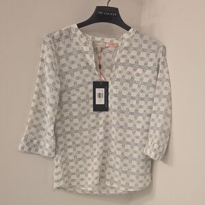 The Limited White Blouse with Navy Geometric Motif